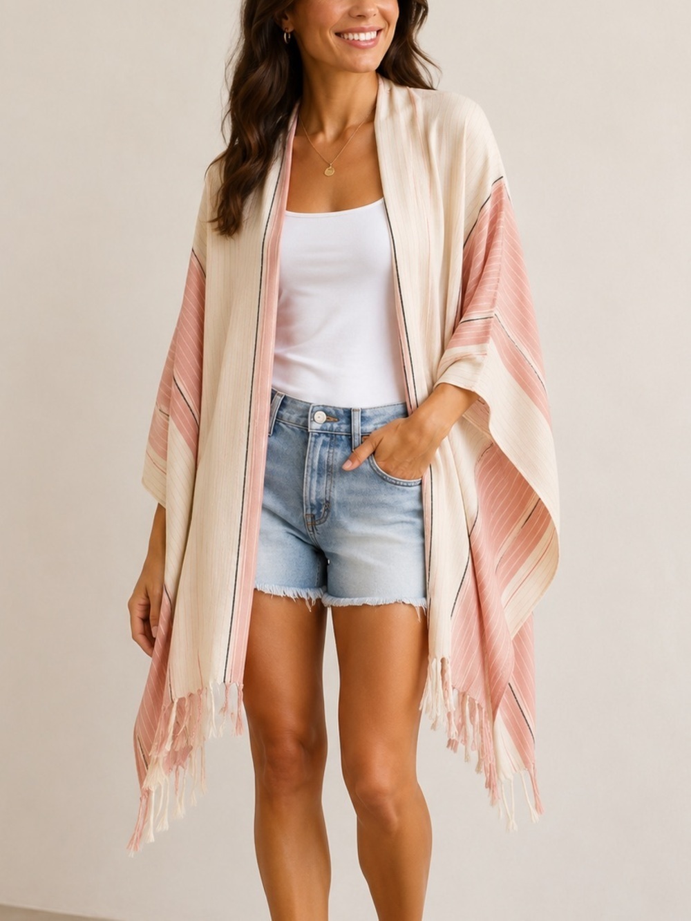 J Crew Cape Scarf Knit Plaid Wrap Fringe Pink Stripe Arm Holes Shawl Cover H8130